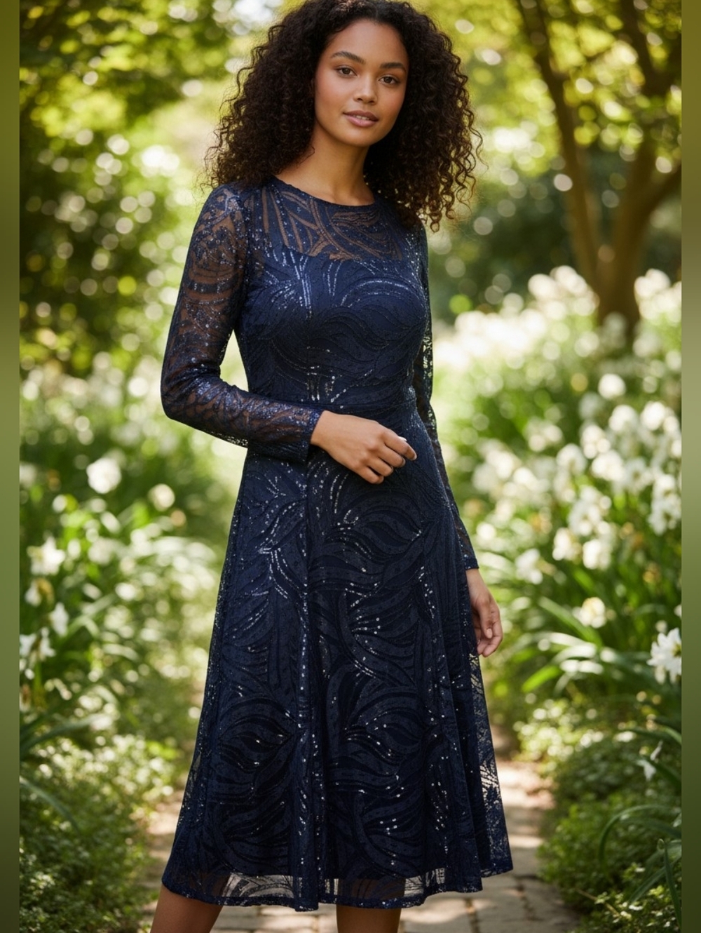 Tahari Navy Long-Sleeve Lace Fit-and-Flare Dress